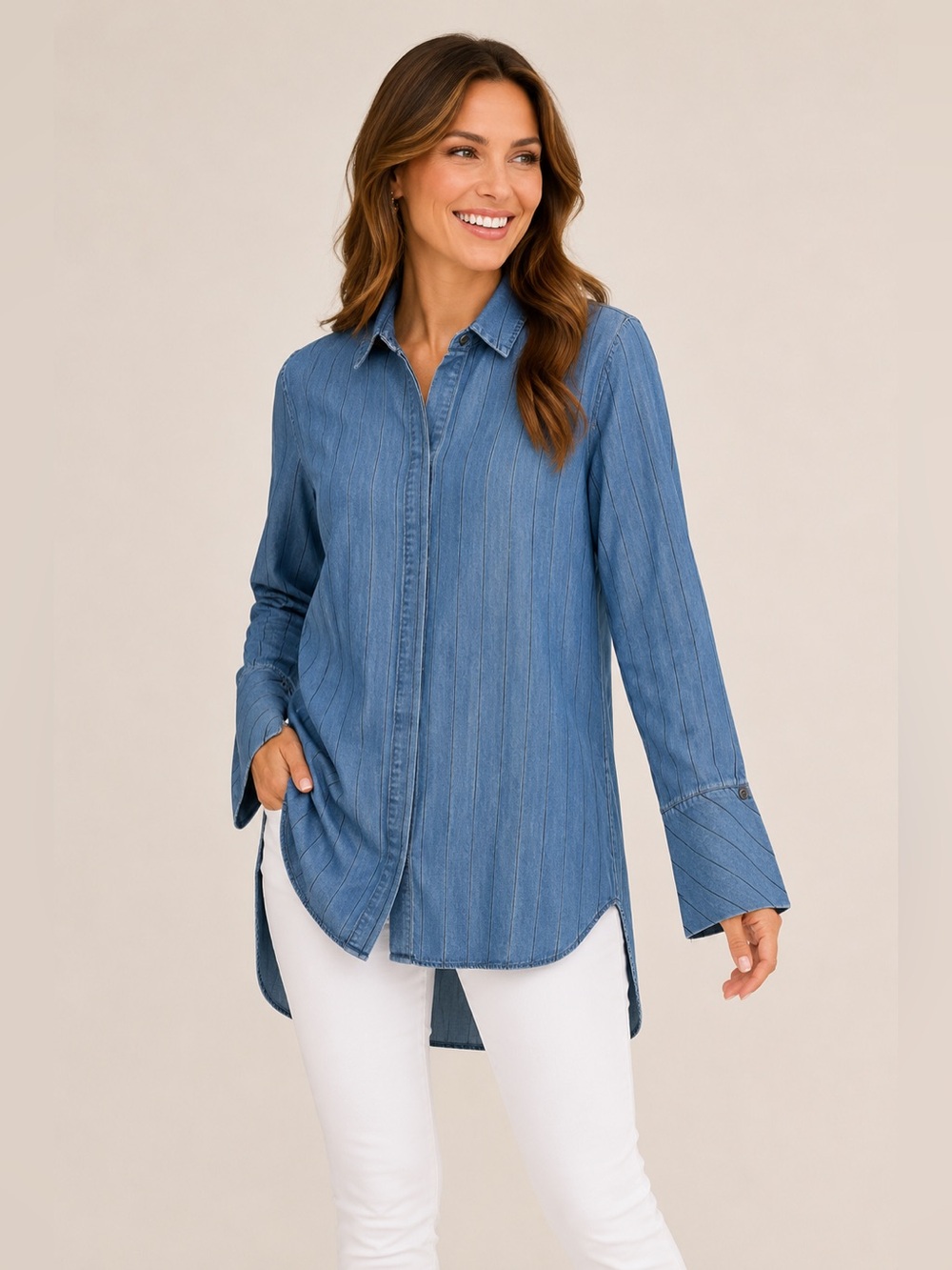 Soft Surroundings Madison Tencel Chambray Wide Stripe Hi/Lo Button Large‎ Tunic